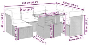 8 pcs conjunto de sofás p/ jardim com almofadões vime PE bege