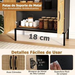 Aparador 80 x 38 x 81 cm com 2 portas em rattan natural, prateleira ajustável em 3 posições, pés metálicos preto.