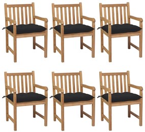 Cadeiras de jardim c/ almofadões pretos 6 pcs teca maciça