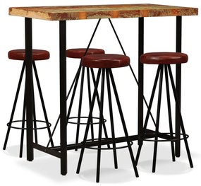 Conjunto de bar 5 pcs madeira recuperada maciça e couro genuíno