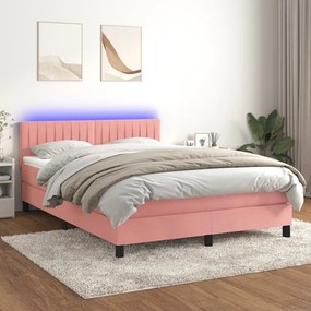 Cama box spring c/ colchão/LED 140x190 cm veludo rosa