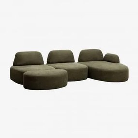 Sofá Modular Chaise Longue Direito De 3 Peças E Puff Estofado Giorgia Tecido Verde Exército - Sklum
