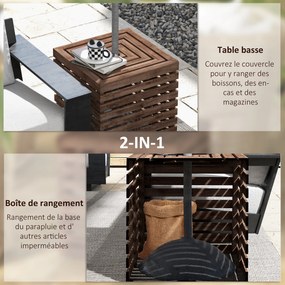Caixa de arrumação exterior 2 em 1 para base de guarda-sol 50 x 50 x 50 cm, mesa auxiliar de terraço com orifício para guarda-sol em madeira castanho