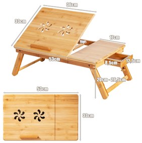 Mesa bandeja de bambu portátil com pernas ajustáveis dobrável para computador 53 x 33 x 20-26,5 cm natural