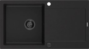Mexen Leo lava-loiça de granito de 1 cuba com escorredor 900 x 500 mm, preto, sifão preto - 6501901010-77-B