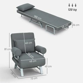 Poltrona sofá Cama Dobrável Estofado em Linho Sintético com Encosto Ajustável em 5 Níveis e Almofada Acolchoada 73x78x81 cm Cinzento Escuro