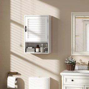Armário de parede para casa de banho 40x20x60 cm com porta de ripas, prateleira ajustável e compartimento aberto, branco