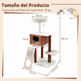 Arranhador para Gatos com Casinha, 77,5 x 29,5 x 51 cm, 4 Níveis, Castanho