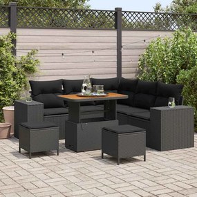 vidaXL Conjunto de Sofás de Jardim de 8 Peças com Almofadas Pretas em Rattan de Acácia.