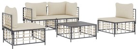 5 pcs conjunto lounge de jardim c/ almofadões vime PE antracite