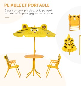 Conjunto de mobiliário de jardim infantil de 4 peças com design de tigre - Mesa redonda + 2 cadeiras dobráveis + guarda-sol amarelo