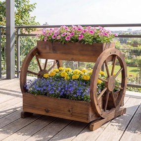 Floreira de plantio rústica em madeira 61,5 x 55 x 62 cm, canteiro elevado de 2 níveis com 3 compartimentos de cultivo e orifícios de drenagem Castanh