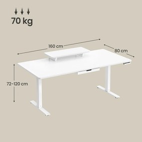 Secretária elétrica com altura ajustável 160 x 80 x (82,5-130,5) cm, suporte para monitor e USB Branca