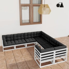 vidaXL 8 pcs conj. lounge de jardim c/ almofadões pinho maciço branco