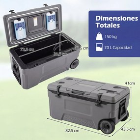 Geleira com Rodas Portátil, 82,5 x 43 x 41,5 cm, Conservação do Frio até 150 Horas, Cinzento