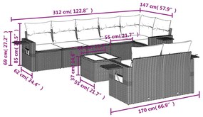 9 pcs conjunto sofás p/ jardim c/ almofadões vime PE castanho