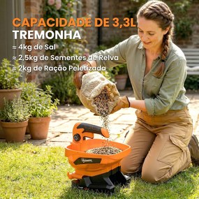 Distribuidor jardim Portátil 3,3 L 8 Níveis de Fluxo Largura de Dispersão Ajustável Porta USB para Relva Sal até 800 m² 26x22x27,5 cm Laranja