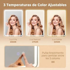 Espelho LED 70x50cm com luzes de 3 cores, antiembaciamento e luz regulável prateada