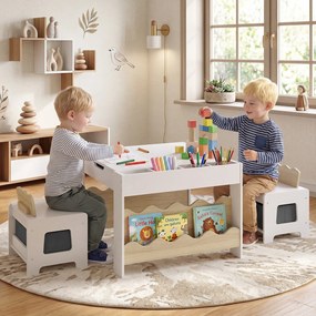 Conjunto de Mesa Infantil e 2 Cadeiras, 66 x 64 x 48 cm, Tabuleiro Reversível, Natural