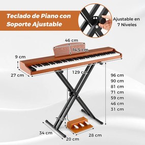 Piano digital de 88 teclas tamanho real com teclas semi-contrapesadas, altifalantes duplos, modo de teclado duplo e 3 pedais, suporte ajustável para p