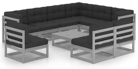 10pcs conjunto lounge de jardim + almofadões pinho maciço cinza