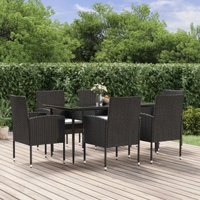 vidaXL 7 pcs conjunto de jantar p/ jardim c/ almofadões vime PE preto