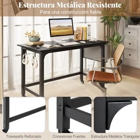 Secretária com Rodas Mesa de Escritório 120 x 60 x 75 cm com Bolsa e Ganchos para Auscultadores Compacta Estrutura em Metal Preto