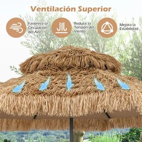 Guarda-sol Tiki 299 cm de praia estilo havaiano com manivela Ajuste fácil da inclinação Tampa ventilada 8 varas Natural+Preto