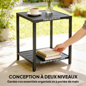 Mesa de centro de exterior de 2 níveis em metal 45 x 45 x 54 cm, mesa de jardim quadrada com prateleira de arrumação, preta