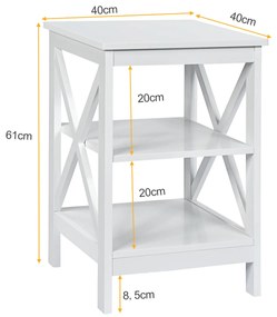 2 x Mesa de cabeceira com 3 níveis com Desenho em X e Moldura Estável para o corredor da sala de estar do quarto 40 x 40 x 61 cm Branco