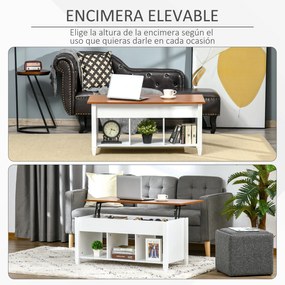 HOMCOM Mesa de Centro com Bancada Elevável Mesa de Centro com 3 Compartimentos Abertos Mesa Retangular Moderna para Sala de Estar 105x50x48cm Branco e Marrom