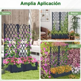 Floreira de jardim elevada dupla com treliça; floreira de plástico para exterior com orifícios de drenagem; vaso de jardim para pátio, cinzento