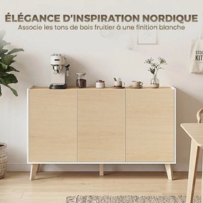 Armário de cozinha 120 L x 35 P x 73,5 A cm, móvel de arrumação de estilo nórdico, 3 portas com fecho suave, 6 compartimentos, cor madeira natural e b