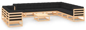 12 pcs conj. lounge jardim c/ almofadões antracite pinho maciço