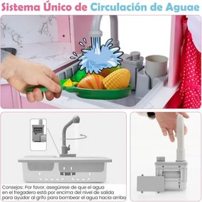 Cozinha Brincar de madeira para crianças 102 x 51 x 85 cm com luzes e sons, exaustor iluminado, sistema de água com dispensador e máquina de lavar par
