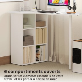 Secretária irregular para computador, 100 x 59 cm, com 6 compartimentos, 4 prateleiras ajustáveis e estrutura em aço, branca