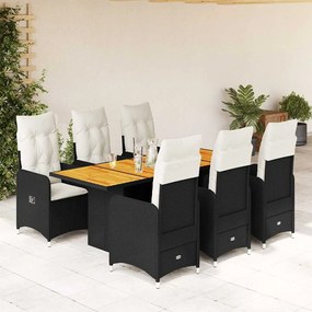 7 pcs conjunto de bistrô p/ jardim c/ almofadões vime PE preto