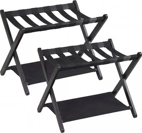 Conjunto de 2 porta-bagagens dobráveis de 2 níveis 67 x 46 x 52 cm, em madeira de borracha, com estantes de nylon e Estrutura em X, para quartos de ho