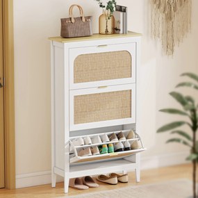 Sapateira com capacidade para 21 pares 80 x 24 x 131 cm, estilo boémio, com 3 gavetas rebatíveis, portas com efeito de vime, branco