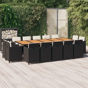 vidaXL 15 pcs conjunto jantar p/ jardim c/ almofadões vime PE preto