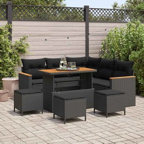 Conjunto de Sofá de Jardim vidaXL com 9 Peças e Almofadas Preto Rattan Polipropileno Acácia