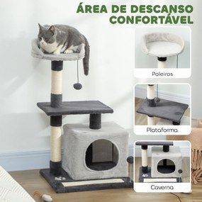 Arranhador para Gatos com Plataformas Caverna Postes Arranhadores Tapete de Sisal e Bolas 48x40x85 cm Cinzento Claro e Preto