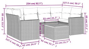 7 pcs conjunto sofás p/ jardim c/ almofadões vime PE cinzento
