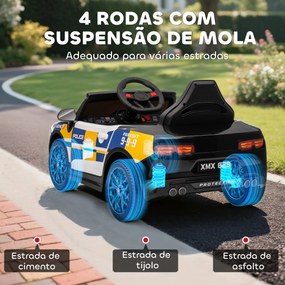 Carro Elétrico Infantil Modelo Policia 12V com Comando a Distância 2,4 Luzes Sirene Música USB e Suspensão 96x60x45 cm Multicor