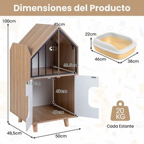 Móvel para Gato com Refúgio e Armário para caixa areia (CAIXA AREIA NÃO INCLUIDA), 50 x 48,5 x 100 cm, Design de Dois Níveis, Natural e Branco