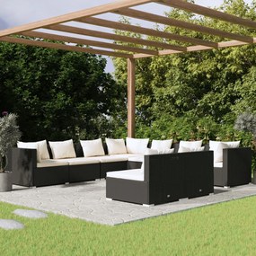 vidaXL 9 pcs conjunto lounge de jardim c/ almofadões vime PE preto