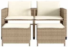 Sofá de jardim de 2 lugares com mesa e bancos vime PE bege