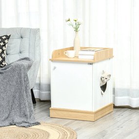 Casa para Gatos de Madeira Móvel Caixa de Areia para Gatos 2 em 1 com Bancada de Armazenamento Porta e Orifício de Entrada Lateral 48,5x53x67cm Branco