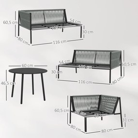 Conjunto de Jardim em Vime com Almofadas Móveis de Jardim com 2 Sofás de 2 Lugares Sofá de Canto Mesa Redonda Cinza Escuro