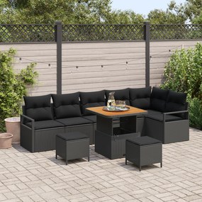 Conjunto de Sofá de Jardim com 9 Peças com Almofadas Preto Rattan Sintético Acácia